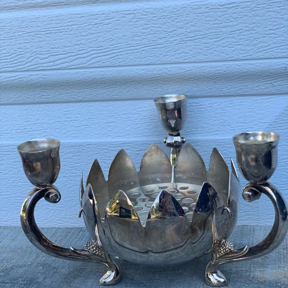 Vintage Brass Lotus 3 Arm Candelabra W/Flower Bowl & Candles/Holder Sliverplated